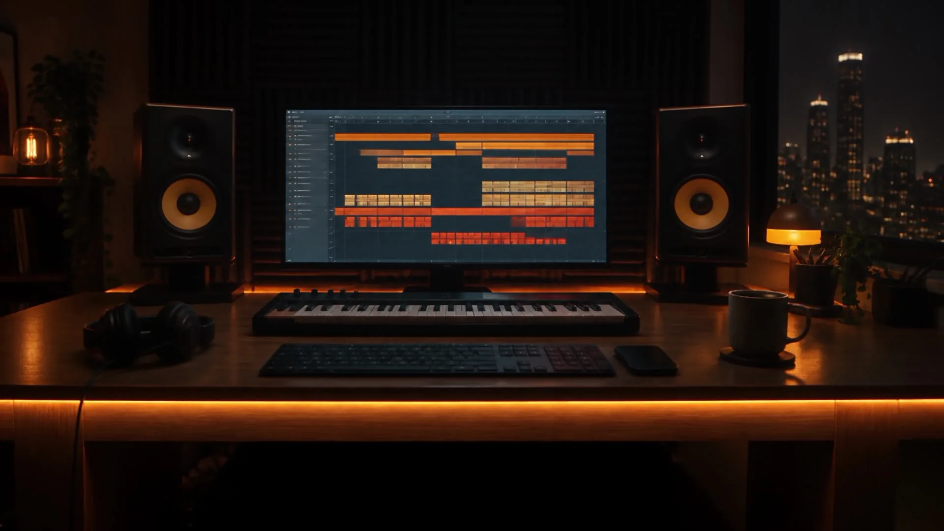 siideshow's studio at night: a monitor between two studio speakers, a MIDI keyboard, and an amber light along the desk