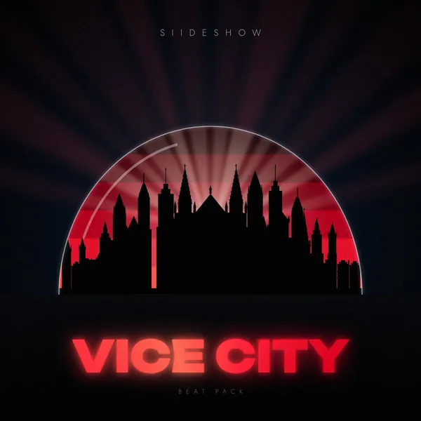 Vice City beat pack cover: a black cathedral-city skyline under red light, VICE CITY in glowing red